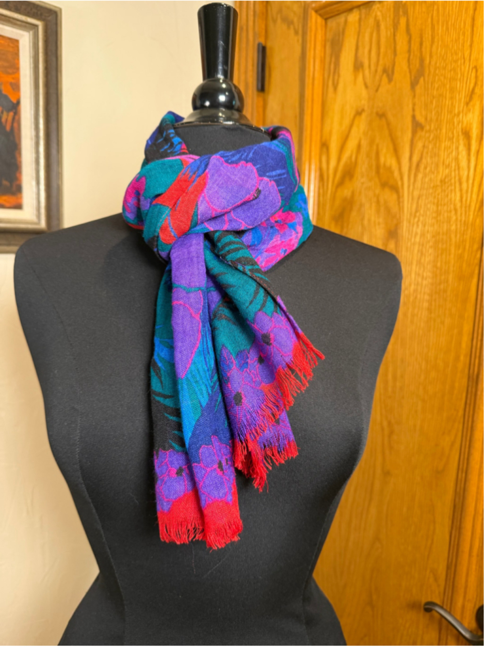 Vintage 80s 90s Jewel Tone Tropical Floral Scarf Wrap 56”